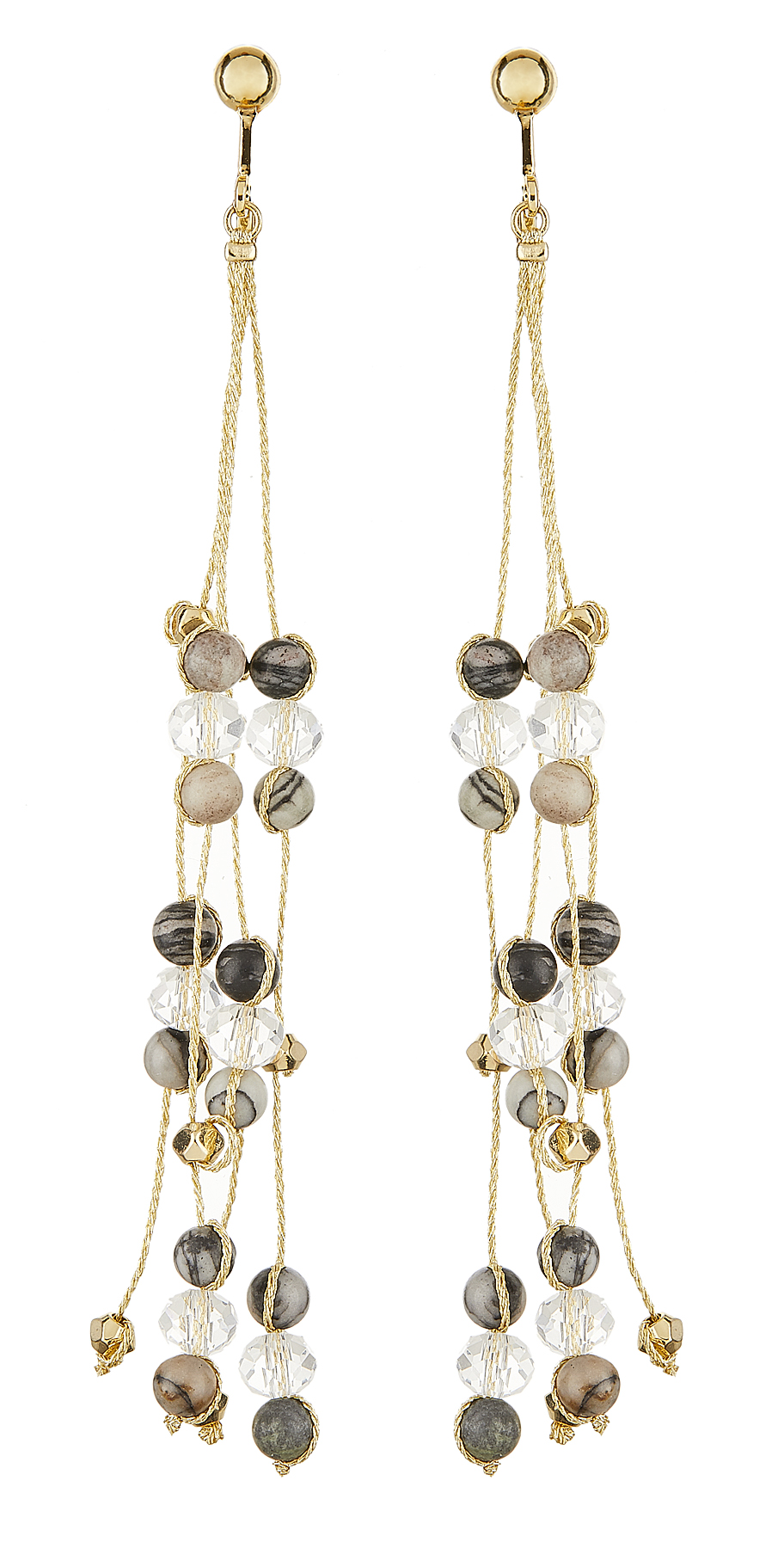 Clip On Earrings - Ryo B - gold drop earring with grey and black agate stone and glass beads
