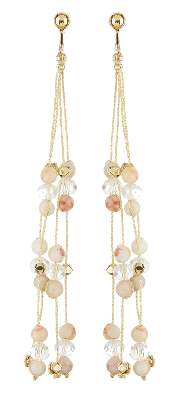 Clip On Earrings - Ryo P - gold drop earring with pink agate stone and glass beads