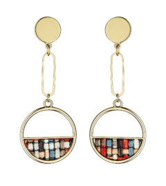 Clip On Earrings - Elvia B - gold dangle earring inset with checked fabric