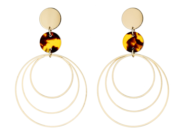 Clip On Hoop Earrings - Eme - gold earring with three hoops and brown tortoise shell acrylic