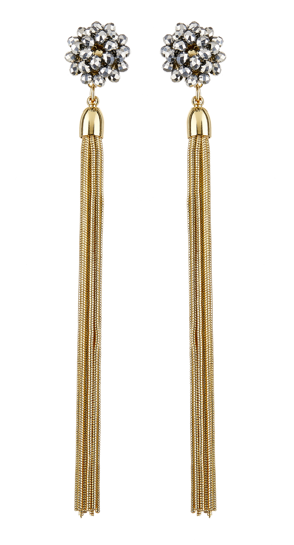 Clip On Earrings - Ruhi G - gold dangle earring with grey crystals and gold tassels